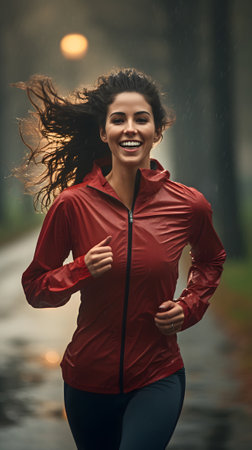 Woman running under the rain in a parkの素材