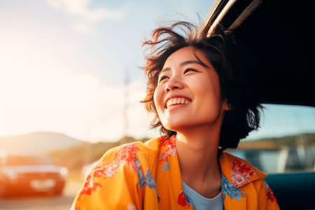 Happy asian girl enjoying landscapeの素材