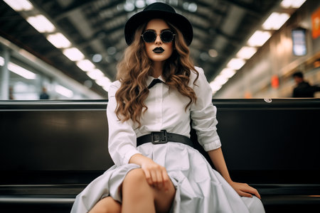 Stylish model with long white dress sitting on a train stationの素材
