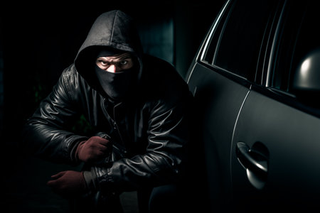 Anonymous thief with dark clothing stealing a carの素材
