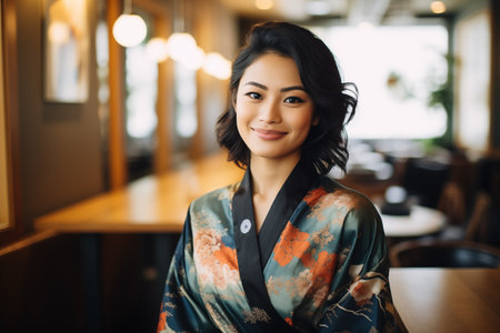 Beauty japanese woman wearing kimono standing in a traditional restaurantの素材