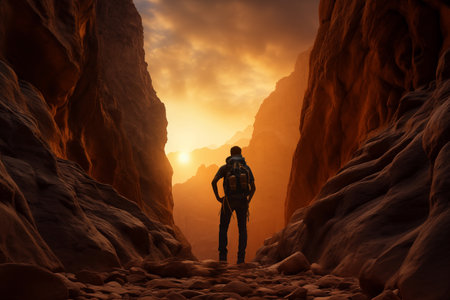 Man standing in the middle of a canyon in the desertの素材