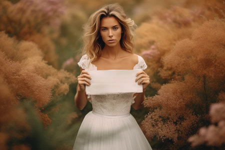Beauty blonde bride with white dress holding a blank noteの素材