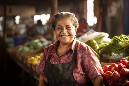 Latin aged woman selling veggies in street marketの素材