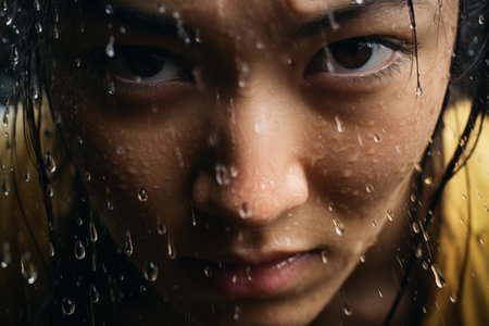 Asian woman under the rain with drops in the faceの素材