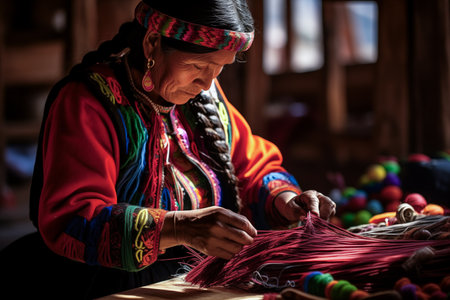 Native indigenous latin woman sewing in a market stallの素材