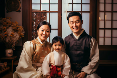 Asian family with one child in the living roomの素材