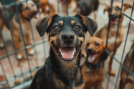 Cute dog smiling at camera in a shelterの素材
