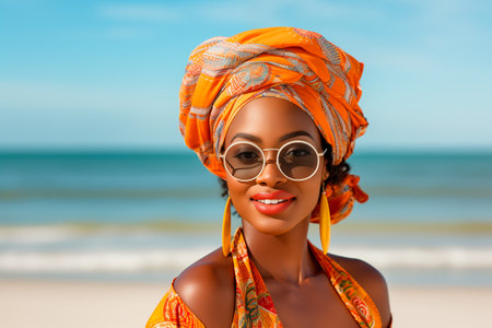 African Caribbean woman wearing colorful traditional clothes on the beachの素材