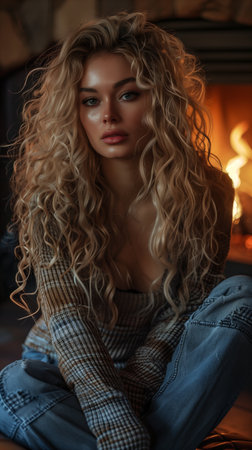 Sensual pretty blonde woman with curly hair sitting at homeの素材