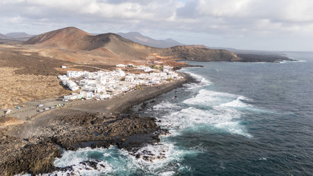 Aerial view of El Golfo, coastline and volcanic landscape in Lanzarote