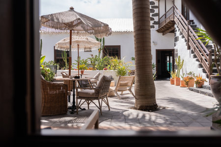 Relaxing courtyard with vibrant plants and cozy seating near a tropical villaの写真素材