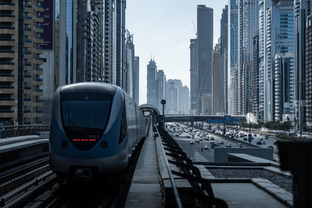 Modern train arriving at station in dubais business bay district