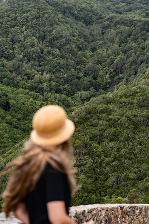 Defocused woman admiring breathtaking green valley landscape