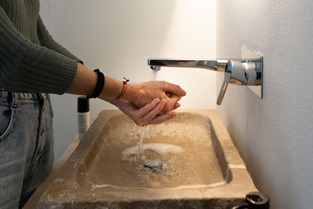 Unrecognizable woman washing her hands in bathroom to prevent viral infection