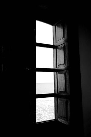 window to the sea in black and whiteの写真素材