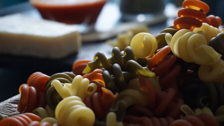 a composition on the preparation of ingredients for cooking Italian foodの写真素材