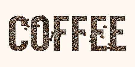 coffee beans in the shape of the word coffee on a light backgroundの写真素材