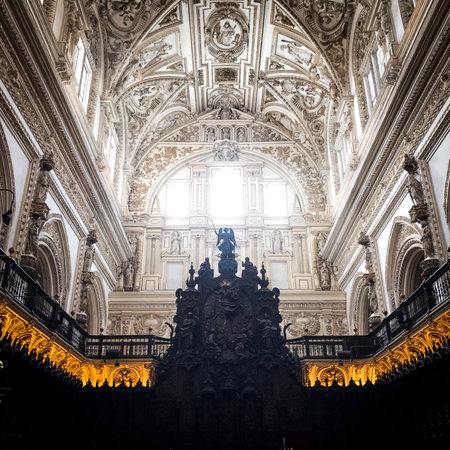 Cordoba, Spain MosqueâCathedral of CÃ³rdoba, Mezquita, Heaven and Hell. Cathedral. The choir stalls. Ancient grand altar.の写真素材