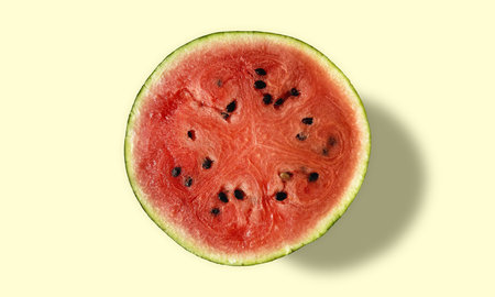 Watermelon on a yellow background, top view, close-upの写真素材
