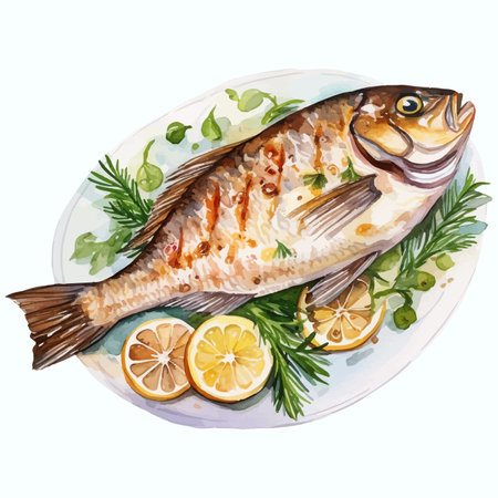Fresh fish with lemon and herbs. Watercolor hand drawn illustration.の素材