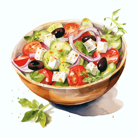 Greek salad with feta cheese, olives, tomato and herbs. Watercolor hand drawn illustrationの素材