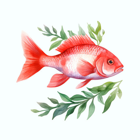Watercolor red fish with green leaves on white background. Hand drawn vector illustration.の素材