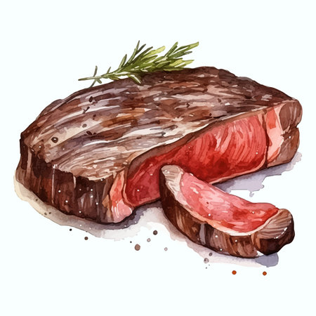 Sliced beef steak with rosemary. Hand drawn vector illustrationの素材