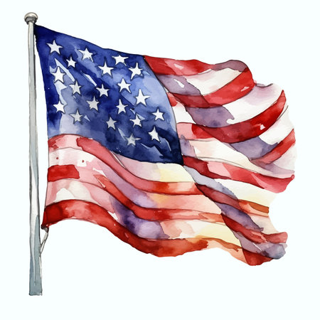 Watercolor illustration of American flag waving in the wind isolated on white backgroundの素材