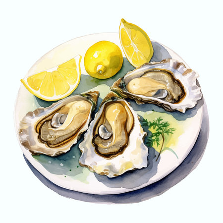 Oysters with lemon on a plate. Watercolor illustration.の素材