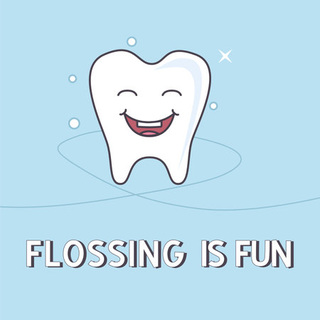 Poster Tooth Flossing is fun blue background. Vector illustration.のイラスト素材