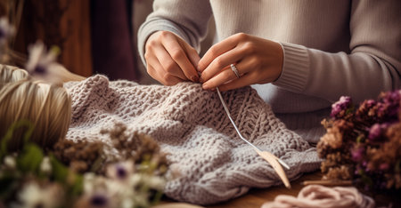 Cropped image of a young woman knitting a sweater at home. Heritageの素材
