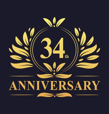 34th Anniversary Design, luxurious golden color 34 years Anniversary logo design celebration.のイラスト素材