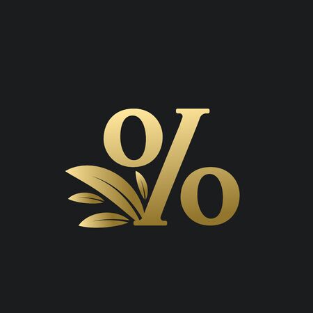 Golden Percentage sign logo with gold leaves. Percentage character % logo with gold leaf.のイラスト素材