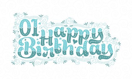 1st Happy Birthday lettering, 1 year Birthday beautiful typography design with aqua dots, lines, and leaves.のイラスト素材