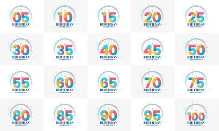 Birthday Logo Bundle. Set of modern Birthday celebration logos. 5th, 10th, 15th, 20th, 25th, 30th, 35th, 40th, 45th, 50th, 55th, 60th, 65th, 70th, 75th, 80th, 85th, 90th, 95th, 100th birthday celebration logo bundleのイラスト素材
