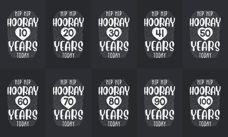 Happy Birthday design set. Best Birthday Typography quote design bundle. Hip Hip Hooray 10, 18, 20, 30, 40, 50, 60, 70, 80, 90, 100 years todayのイラスト素材