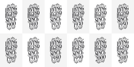 Beautiful lettering Birthday design bundle. Living legend since 1900, 1910, 1920, 1930, 1940, 1950, 1960, 1970, 1980, 1990, 2000, 2010のイラスト素材
