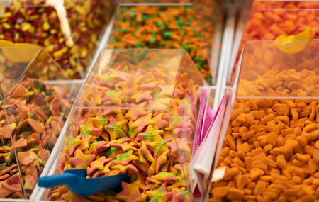 Colorful bright orange green jelly lollies (sweets) in shape of starfish in transparent boxes and scoop on showcase in candy shop. Horizontal plane.の写真素材