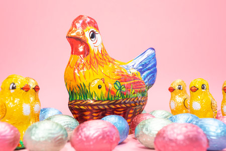 Closeup Chocolate hen, little chickens with colorful bright sweet eggs wrapped in foil on festive Easter pink background. Confectionery, sweet-shop,candied children treat concept. Copyspace,horizontalの写真素材