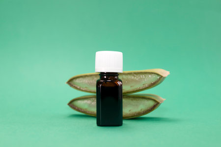 Green Fresh Juicy Aloe Vera Slice With Dark Brown Glass Bottle Of Aloe Oil On Green Background. Pharmacy, Cosmetics, Natural Medicine, Organic Bio Product. Horizontal Plane, Copy Space For Textの写真素材