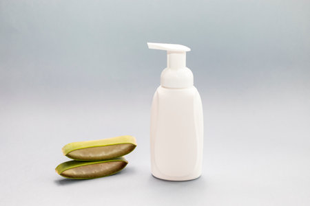 Green Fresh Aloe Vera Slice With Blank White Dispenser Bottle, Plastic Tube On Gray Background. Hygiene, Cosmetic Beauty Product, Washing, Cleansing Intimate Gel, Foam. Daily Body Care. Horizontalの写真素材