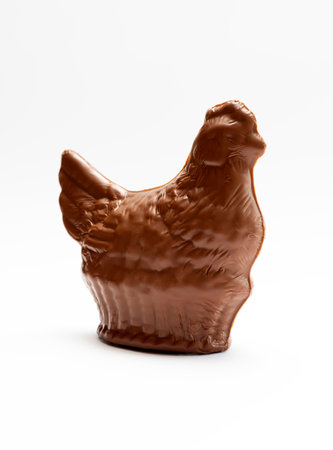 Isolated Chocolate Easter Hen, Chicken On White Background. Sweet Delicious Candy Gift. Confectionery Concept. Vertical Plane.の写真素材