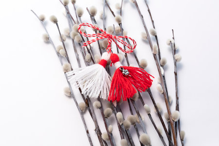 Martisor, Martenitsa, Baba Marta, With Willow Twig on White Background. Traditional Symbol of...