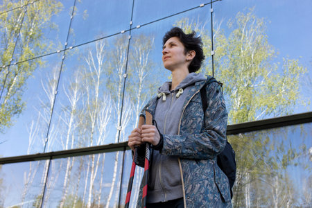 Pole Walking In Urban Area, City Beautiful Happy Caucasian Woman Training With Sticks Outdoor,...