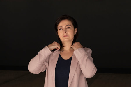 Portrait Confident Mature 40 yo Beautiful Woman. Caucasian Burnette Female With Brown Eyes Looks At...