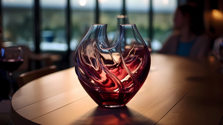 Beautiful glass wine decanter on wooden table in restaurant. It aerates red wine by bringing it into contact with air. AI generated. Horizontalの素材