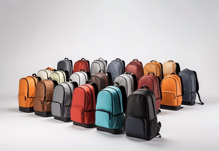 Isolated set, colorful school backpack assortment on white gray background, banner design. Copy Space For text. Back to School. Horizontal Plane. AI Generatedの素材