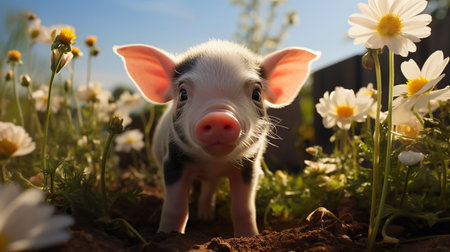 Little White Black Mini Pig, Little Pet Digging Soil On Backyard In Sunny Day Among Flowers. Taking Care Of Cute Piglet. Happy Baby Animal. AI Generated. Horizontalの素材