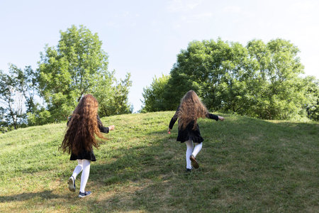 Two Happy Real Girls, Sisters in Dress Run Up The Hill In Summer. Joyful Children Spend Time in Nature, Park. Blue Sky on Horizon. Freedom Lifestyle, Carefree Childhood. Horizontal Planeの写真素材